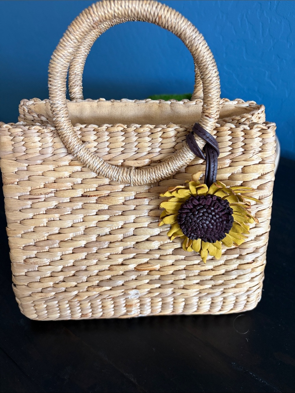 Velvet by Graham & Spencer Natural Raffia Tote with Yellow Sunflower Charm